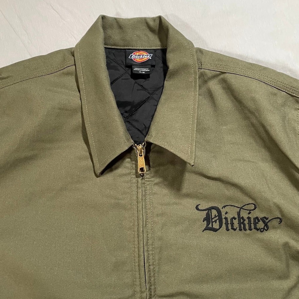 Dickies Men's Olive Insulated Work Jacket Script Logo Quilted Lined Full Zip